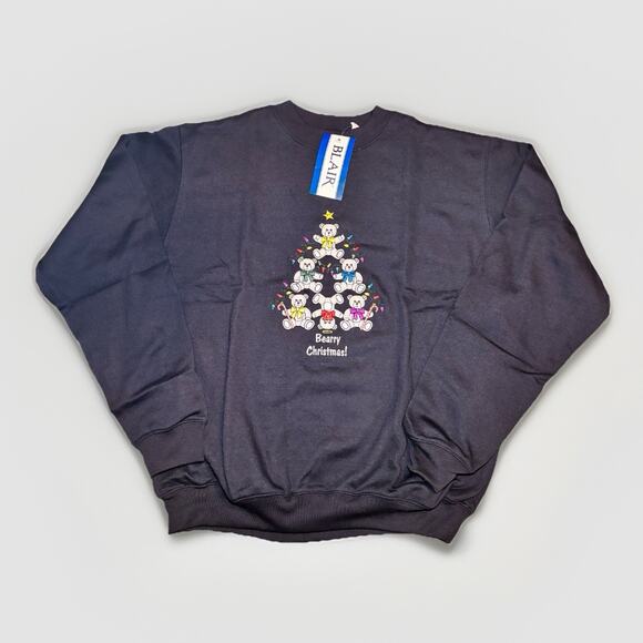 Blair Beary Christmas Sweatshirt Bears Tree Graphic Black Holiday Crewneck L NWT - Picture 1 of 5